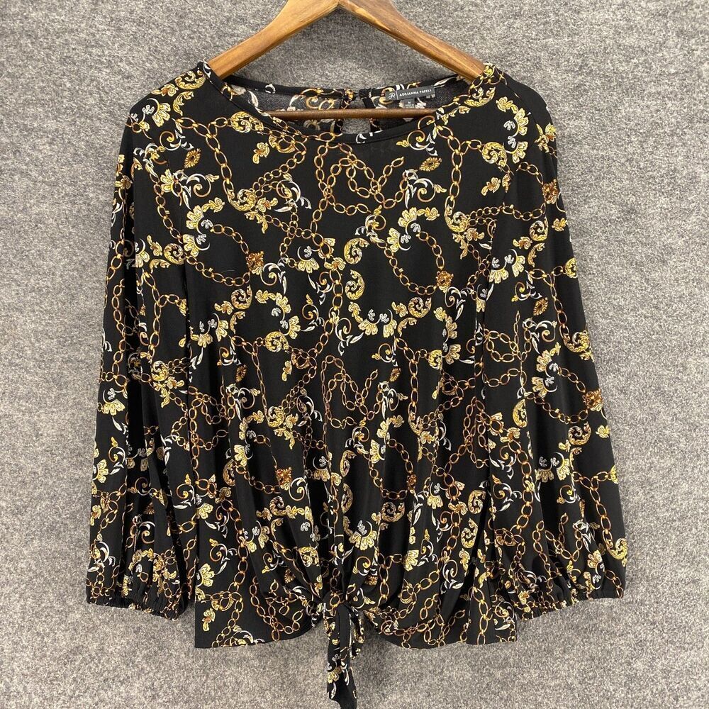 Adrianna Papell Blouse Women M Medium Black Geometric Long Sleeve Hook & Eye